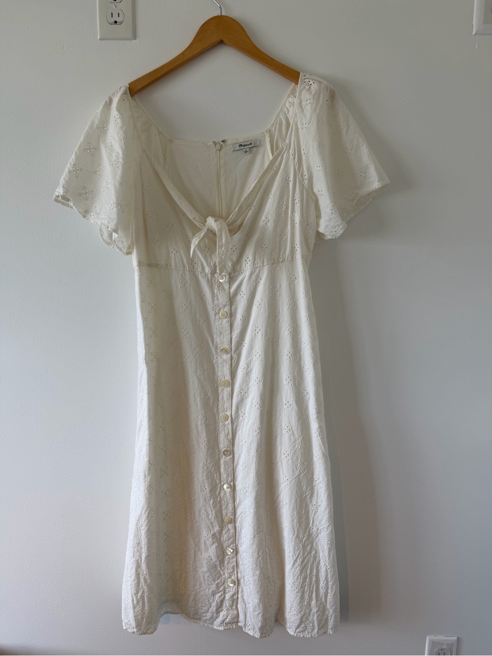Madewell Cream Eyelet Midi Dress with Tie Neck
